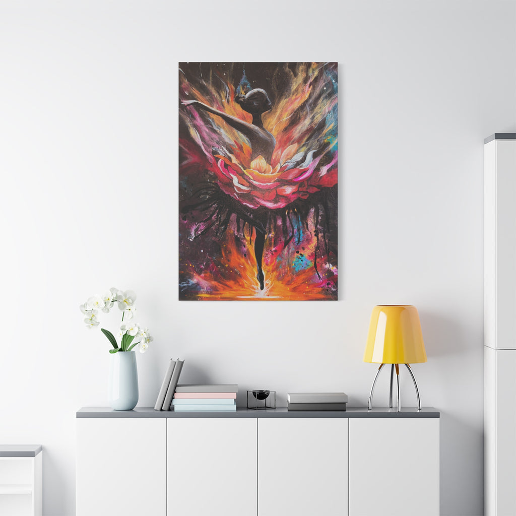 'The Reset'- Floral Ballerina emerging from the flames - Canvas Print — Vibrant Dancer Art on Matte Stretched Canvas