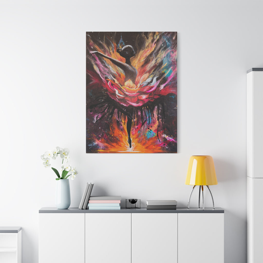 'The Reset'- Floral Ballerina emerging from the flames - Canvas Print — Vibrant Dancer Art on Matte Stretched Canvas