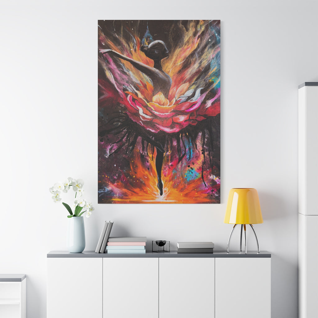 'The Reset'- Floral Ballerina emerging from the flames - Canvas Print — Vibrant Dancer Art on Matte Stretched Canvas