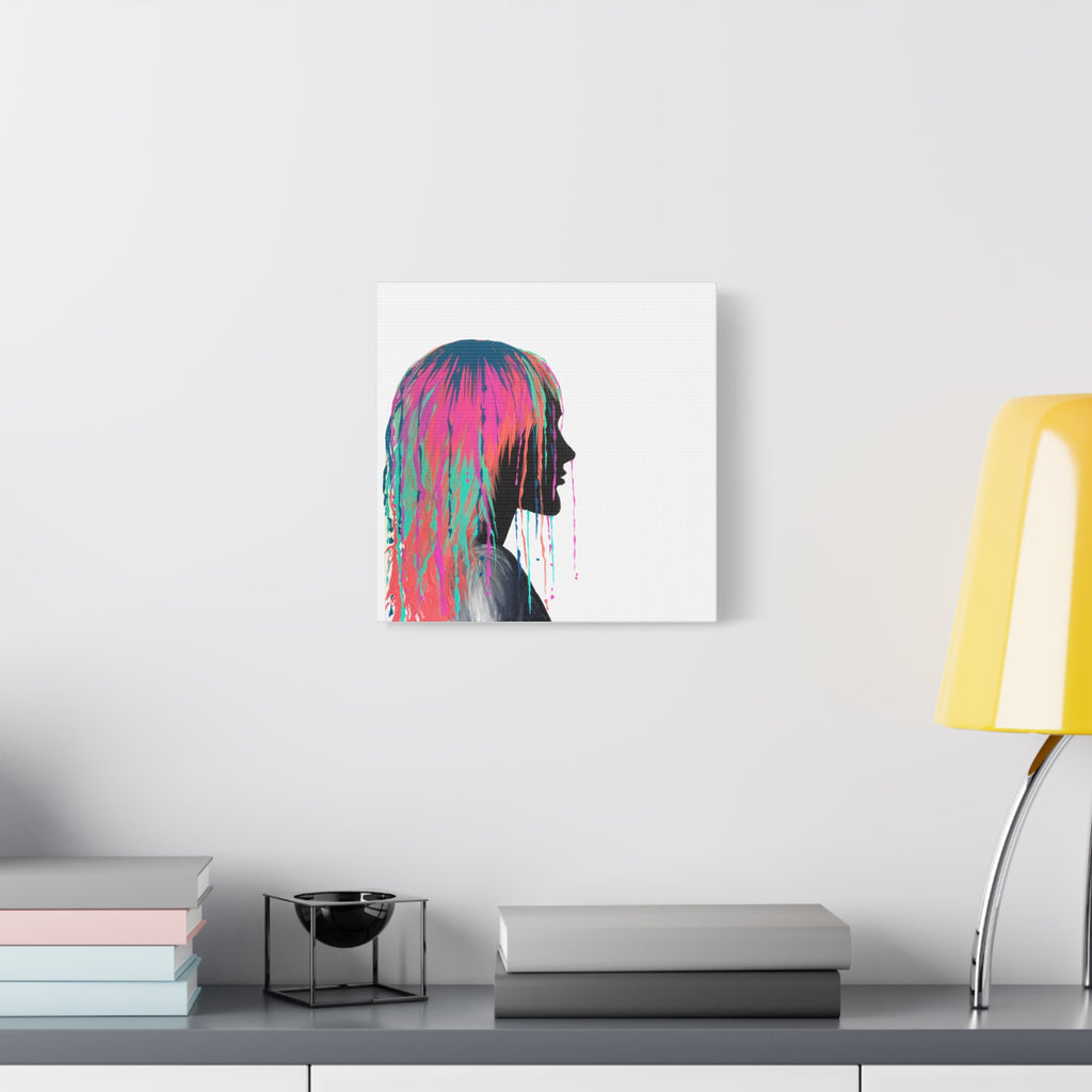 'Discovery' - Neon Drip Girl Acrylic Paint Print (Matte Canvas Wall Art) — Colorful Female Silhouette, Modern Pop Art Décor