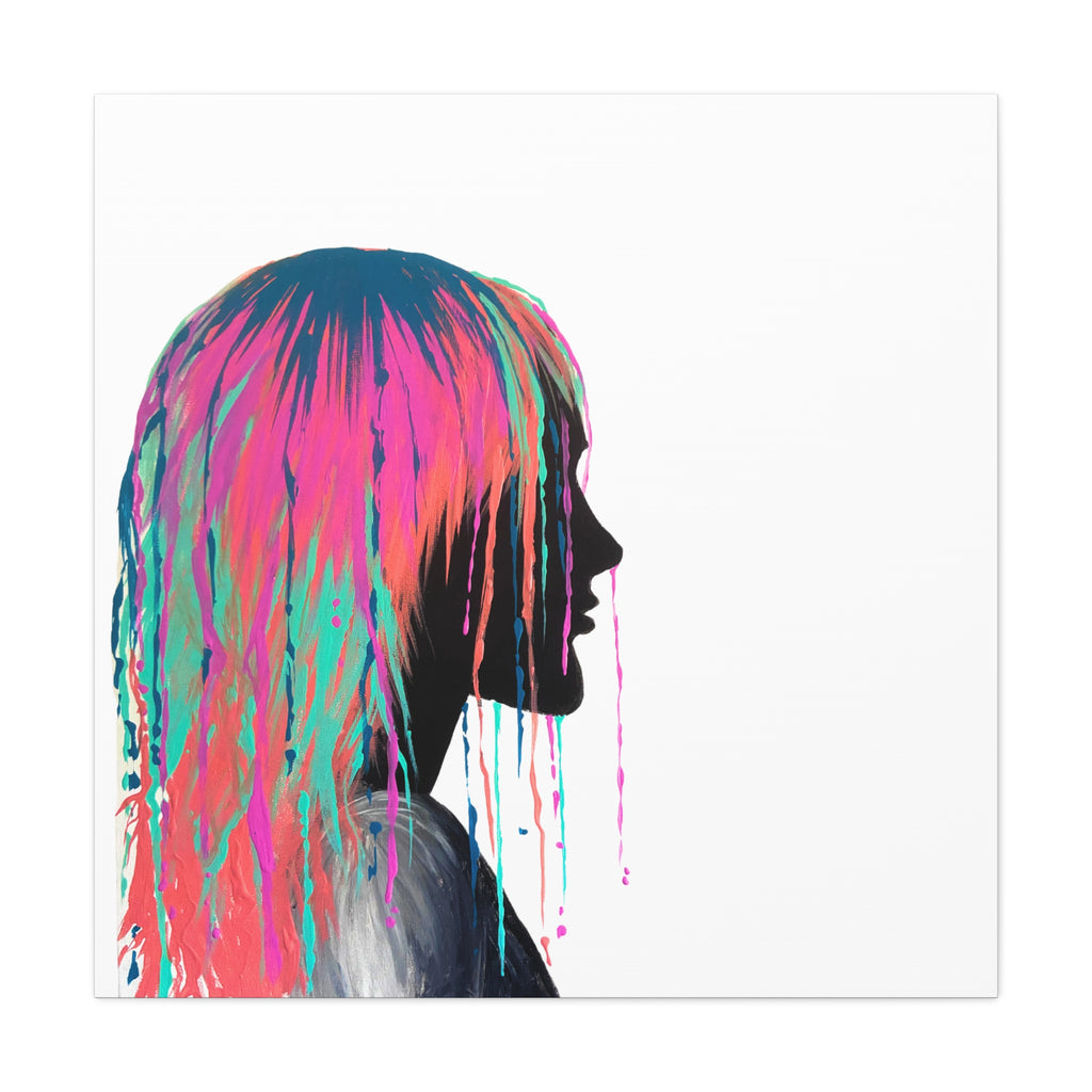 'Discovery' - Neon Drip Girl Acrylic Paint Print (Matte Canvas Wall Art) — Colorful Female Silhouette, Modern Pop Art Décor