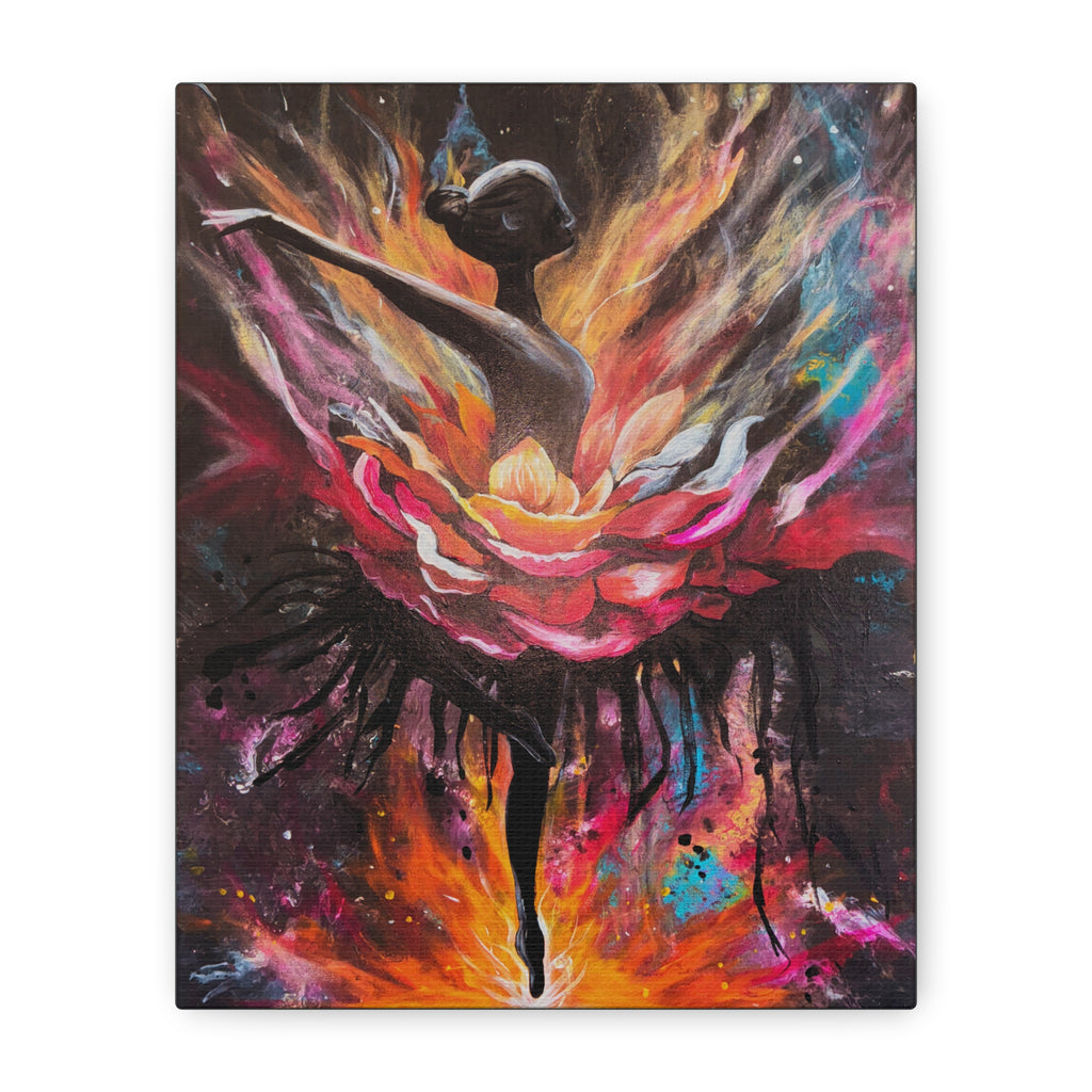 'The Reset'- Floral Ballerina emerging from the flames - Canvas Print — Vibrant Dancer Art on Matte Stretched Canvas