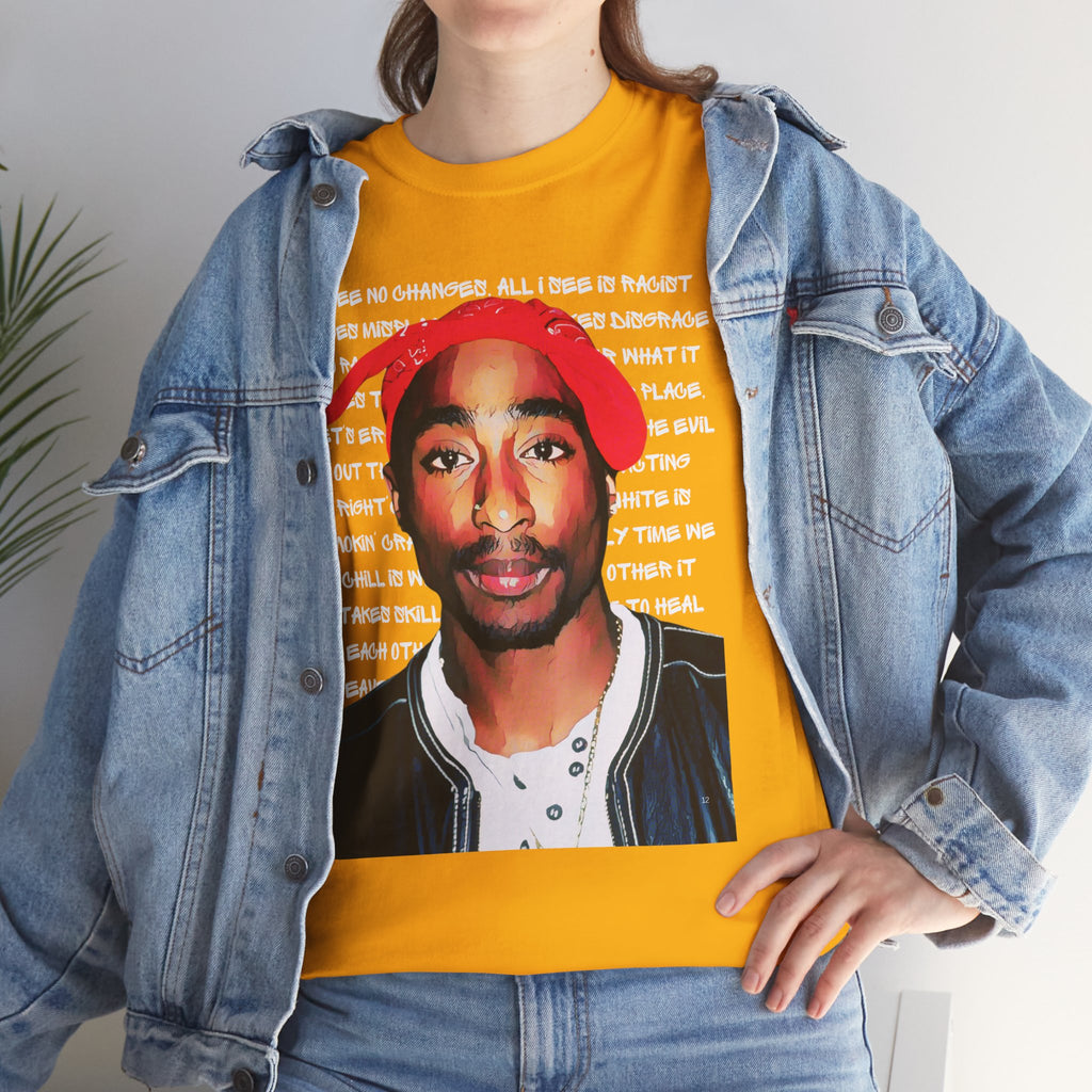 Pac Cartoon Graphic Tee with Changes Lyrics Text — Retro Streetwear T-Shirt