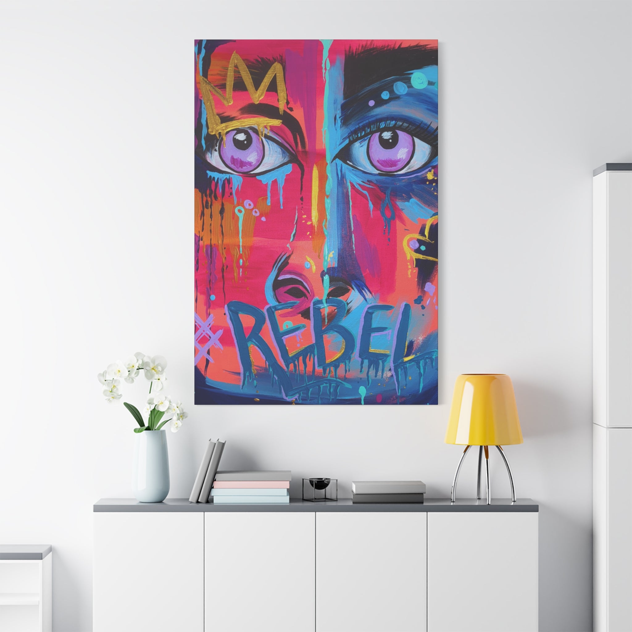 'Rebel'- Hand Painted (Print) Rebel Pop Art Face Matte Stretched Canvas
