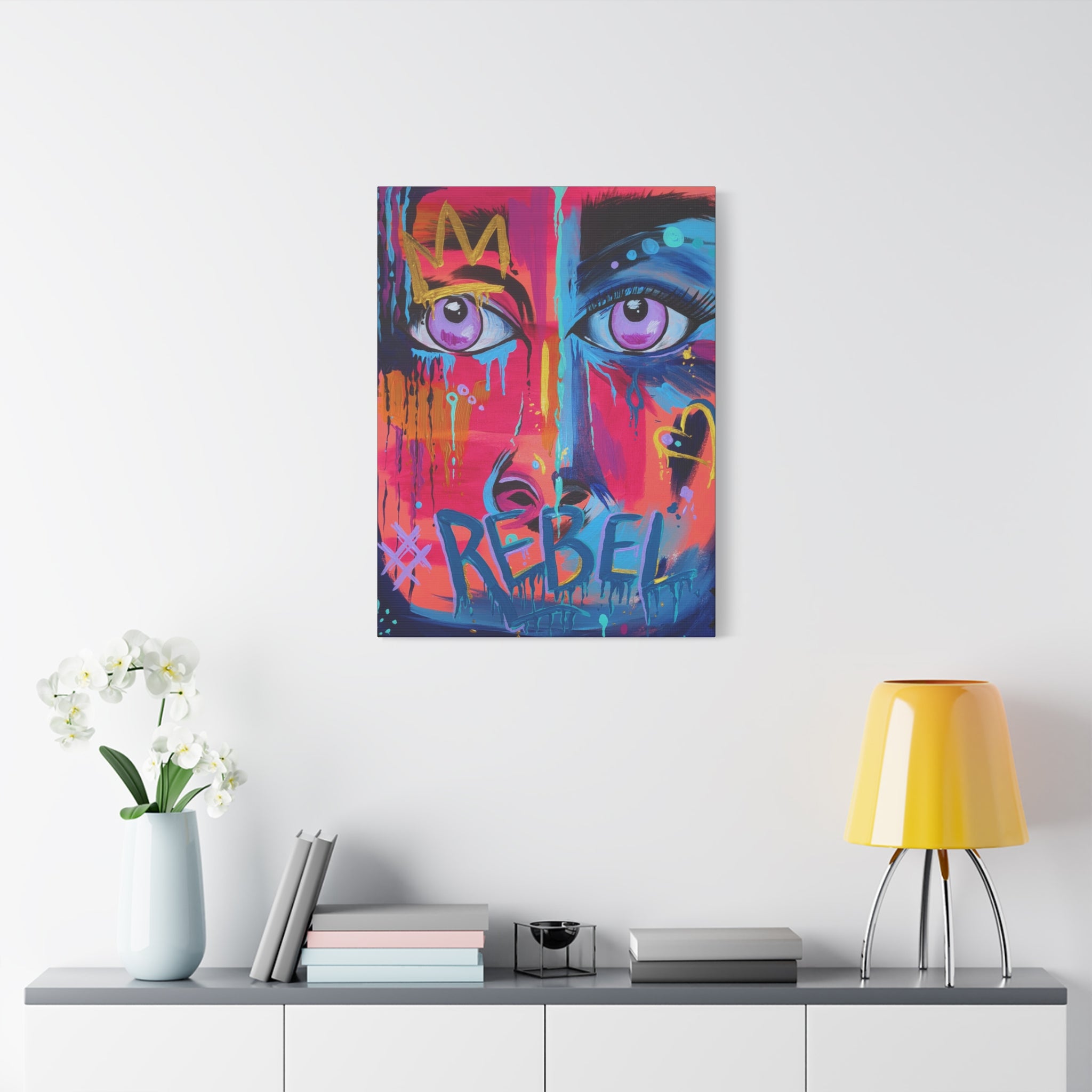 'Rebel'- Hand Painted (Print) Rebel Pop Art Face Matte Stretched Canvas
