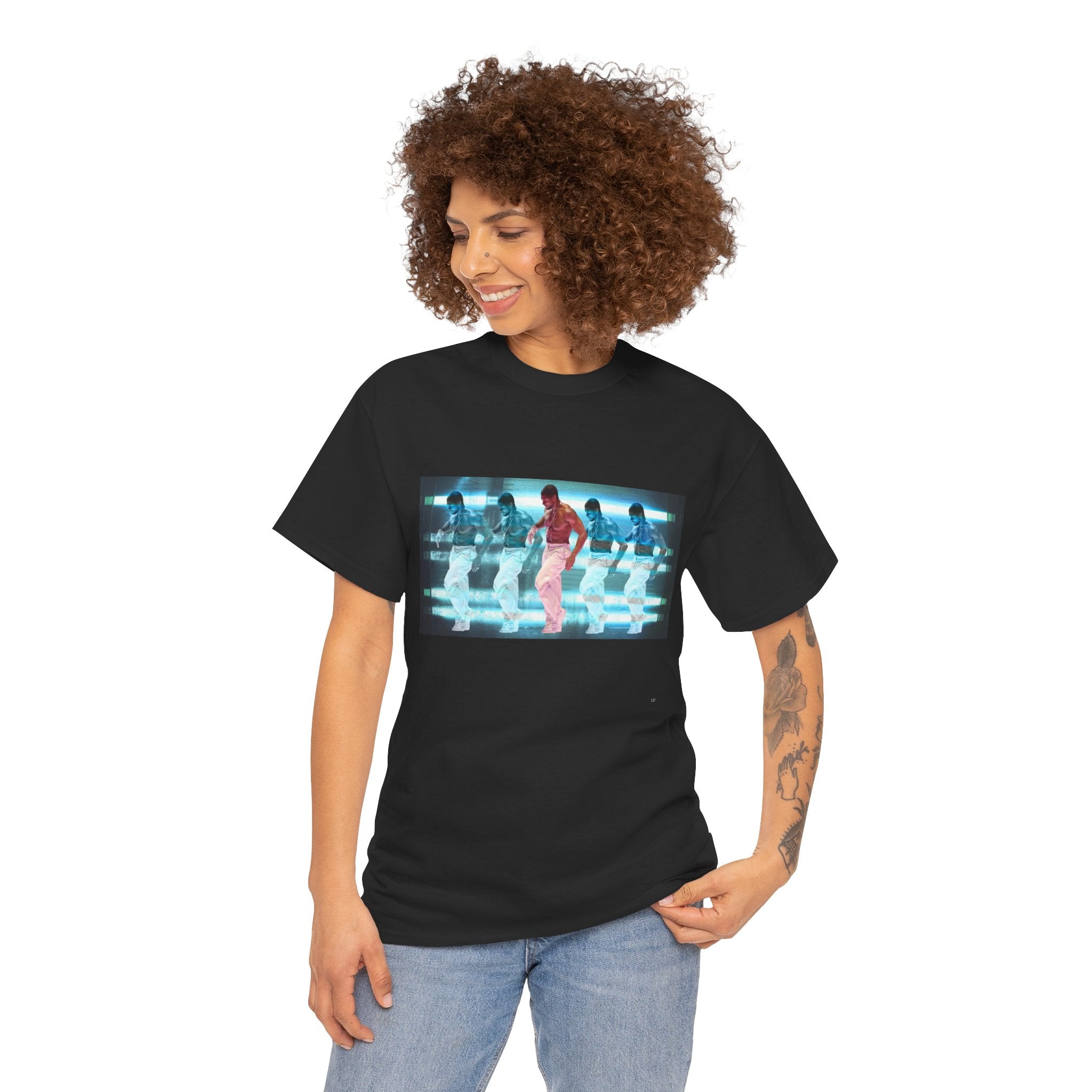 Usher Retro Dance Tee — Glitchy Neon Graphic T-Shirt