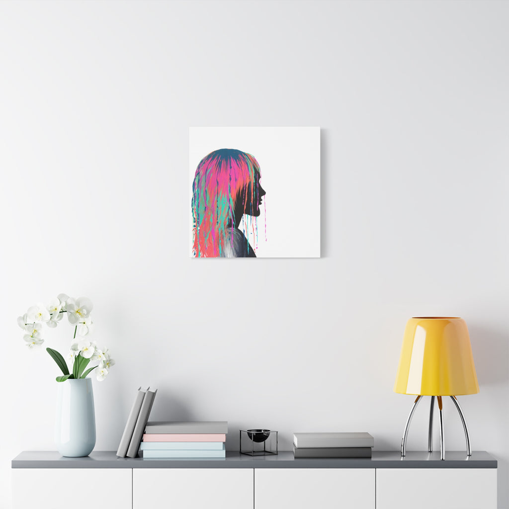 'Discovery' - Neon Drip Girl Acrylic Paint Print (Matte Canvas Wall Art) — Colorful Female Silhouette, Modern Pop Art Décor