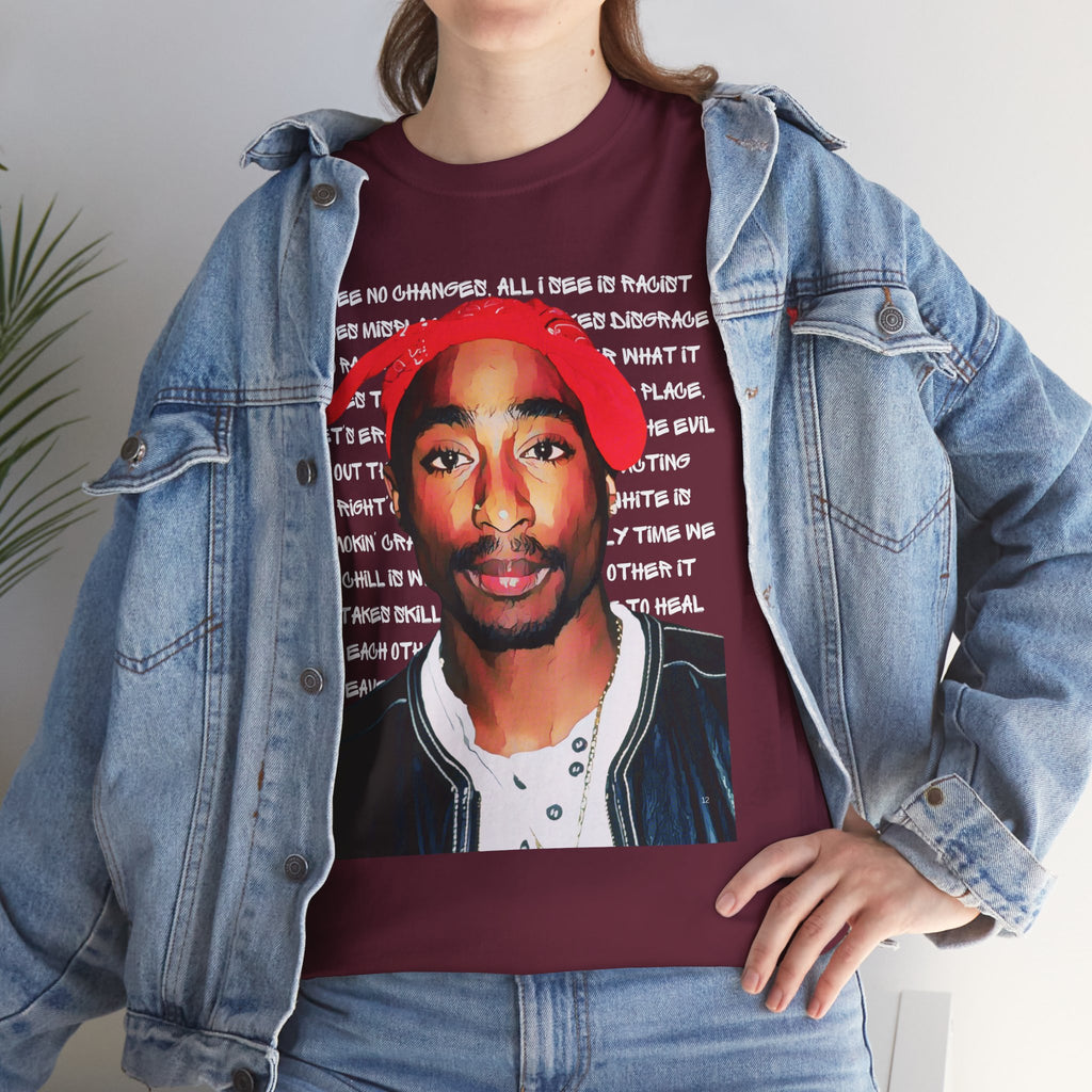 Pac Cartoon Graphic Tee with Changes Lyrics Text — Retro Streetwear T-Shirt