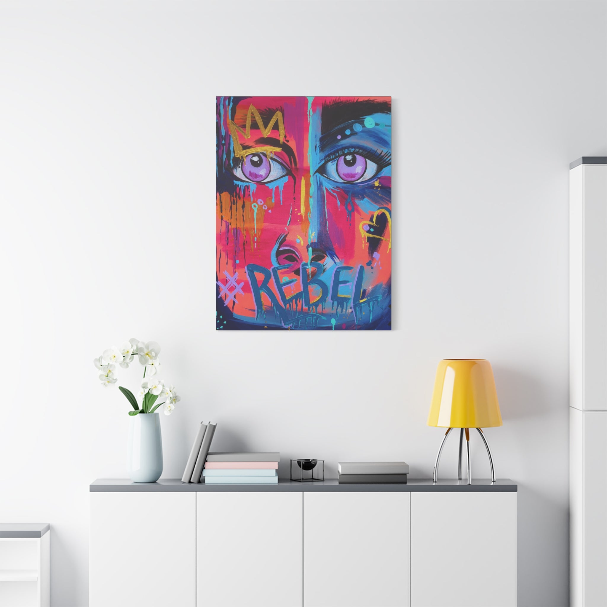 'Rebel'- Hand Painted (Print) Rebel Pop Art Face Matte Stretched Canvas