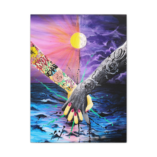 "I Will Stand in the Darkness With You" - Tattooed Hands Canvas Art — Colorful Surreal Ocean Wall Decor, 'You & Me' Love Print