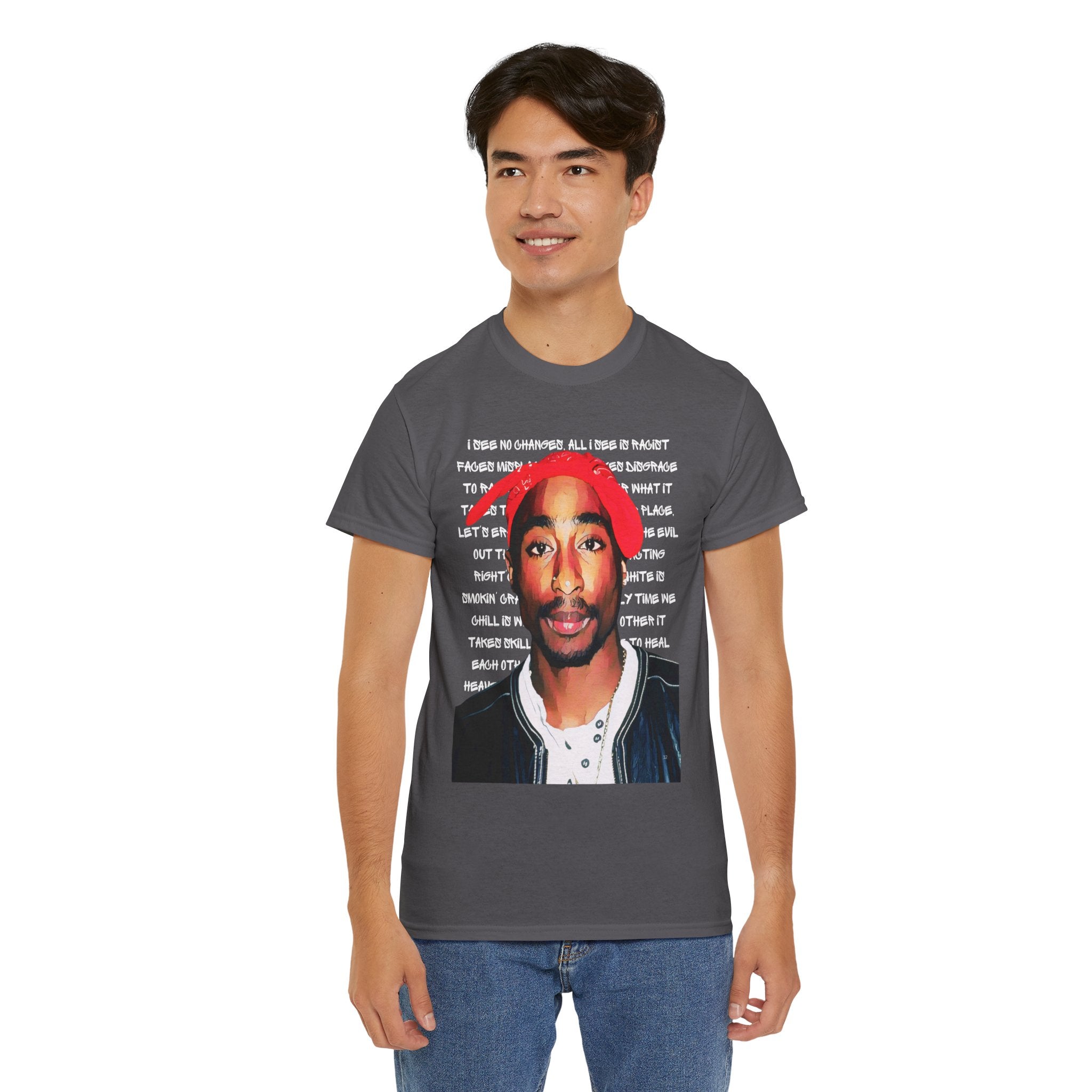 Pac Cartoon Graphic Tee with Changes Lyrics Text — Retro Streetwear T-Shirt