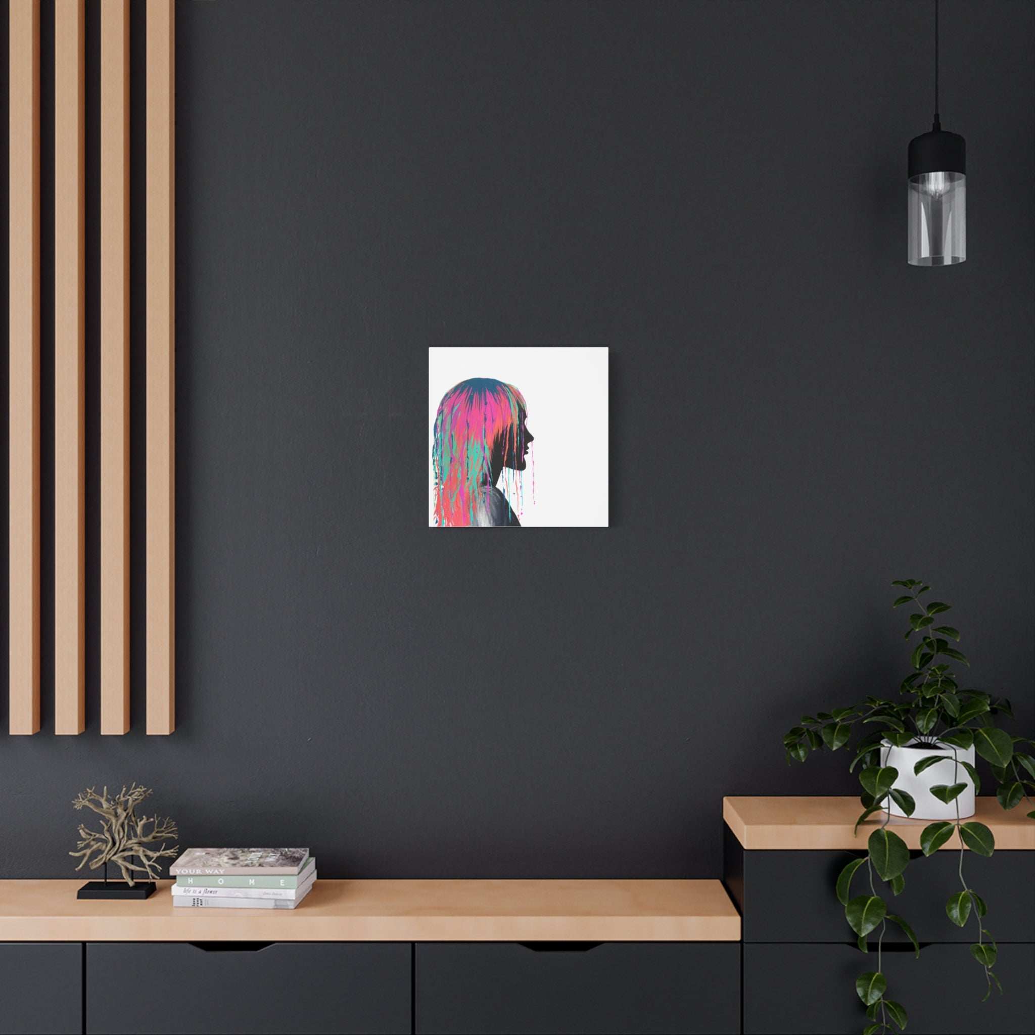 'Discovery' - Neon Drip Girl Acrylic Paint Print (Matte Canvas Wall Art) — Colorful Female Silhouette, Modern Pop Art Décor
