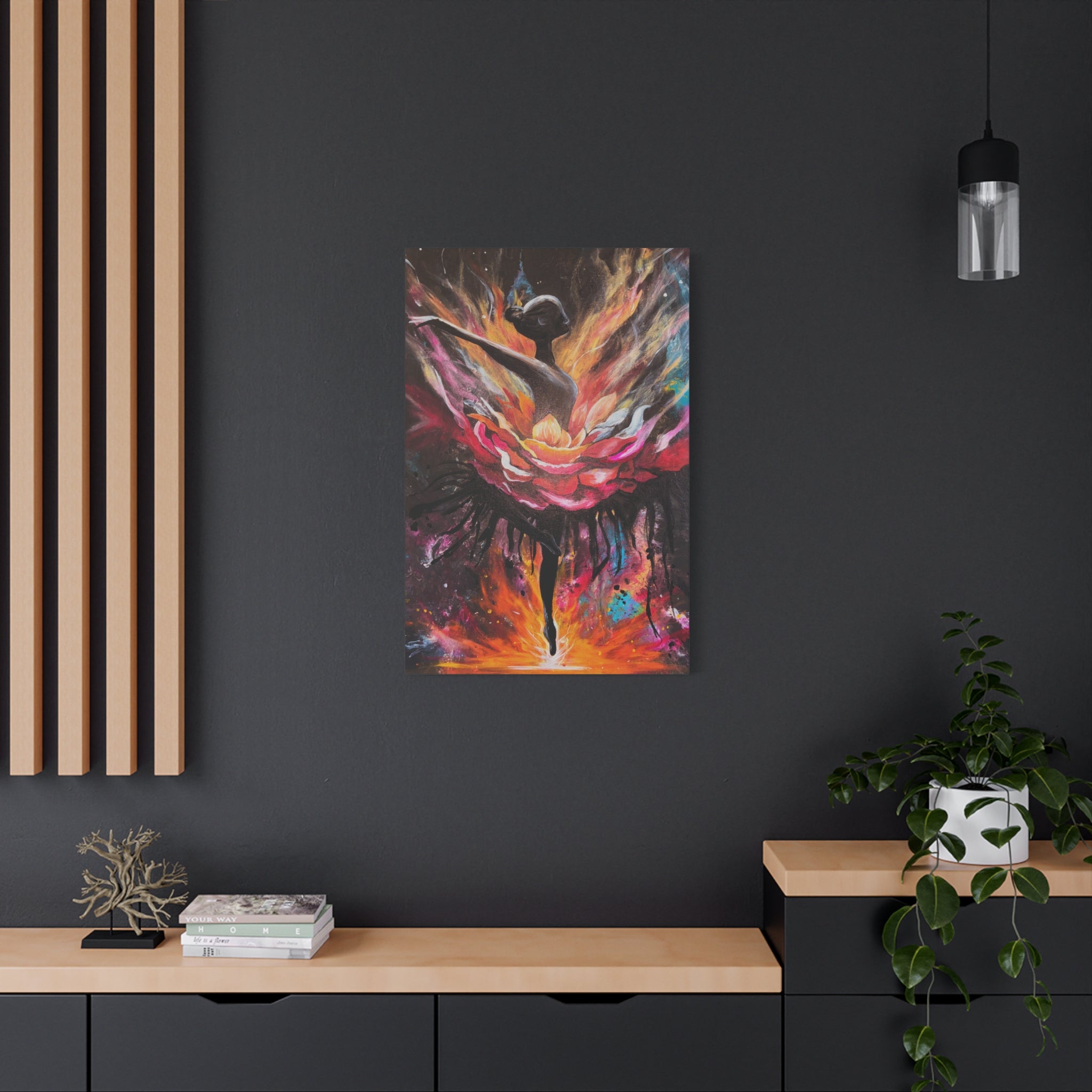 'The Reset'- Floral Ballerina emerging from the flames - Canvas Print — Vibrant Dancer Art on Matte Stretched Canvas