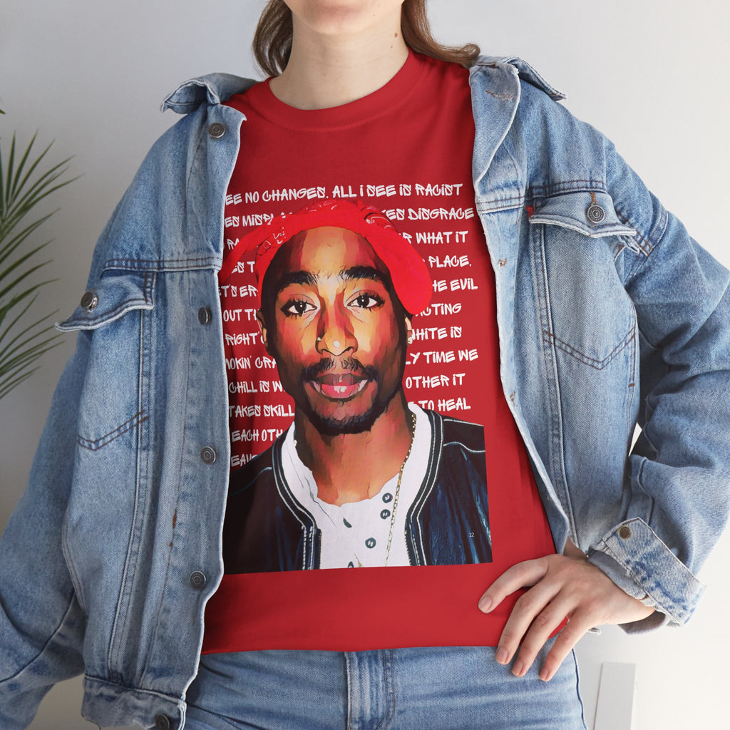 Pac Cartoon Graphic Tee with Changes Lyrics Text — Retro Streetwear T-Shirt