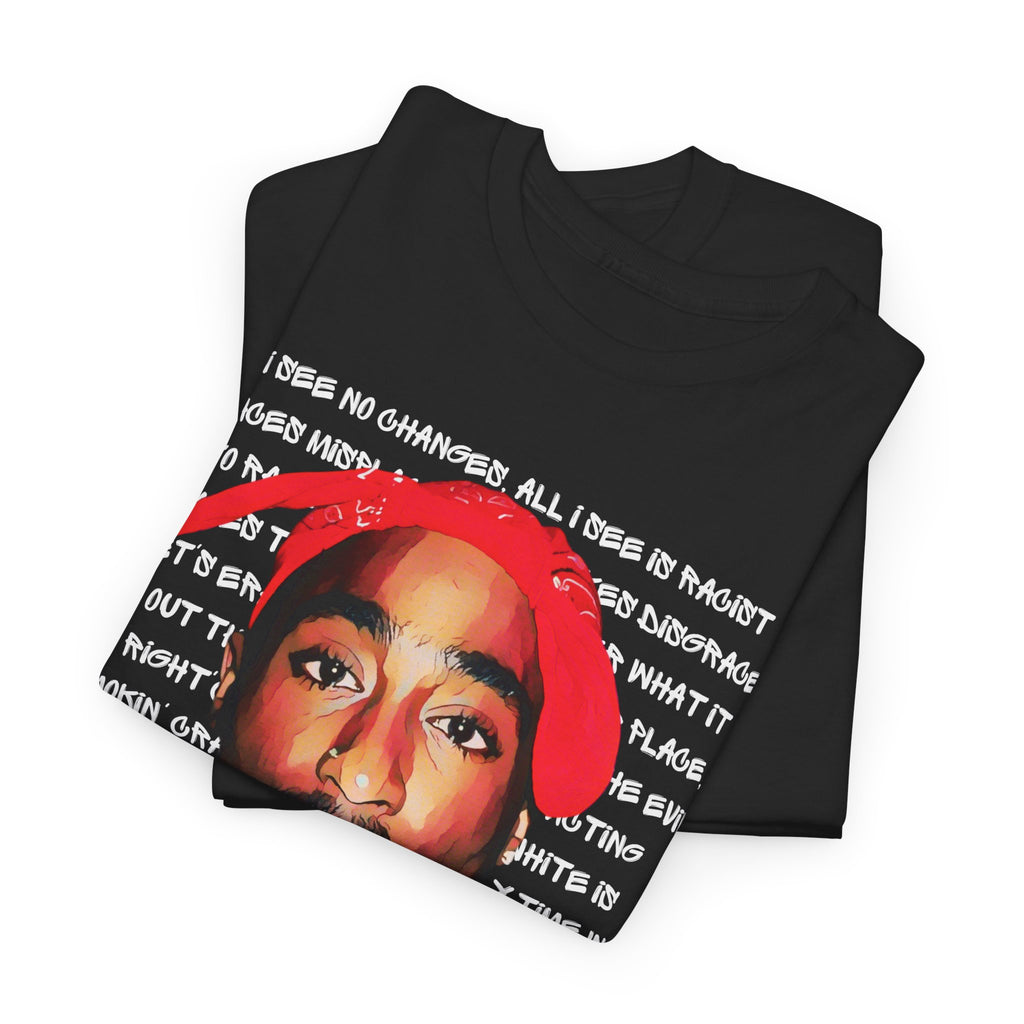 Pac Cartoon Graphic Tee with Changes Lyrics Text — Retro Streetwear T-Shirt