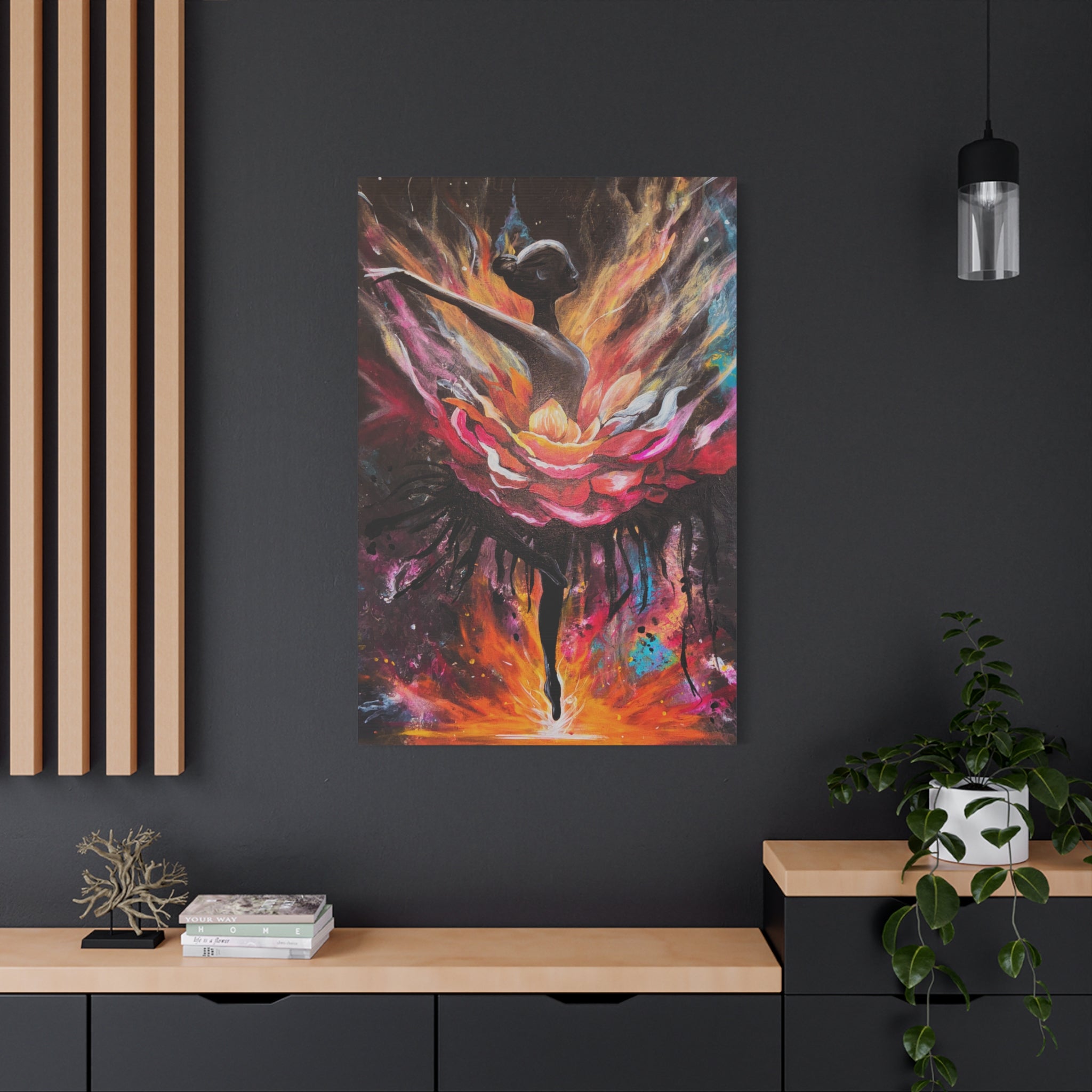 'The Reset'- Floral Ballerina emerging from the flames - Canvas Print — Vibrant Dancer Art on Matte Stretched Canvas