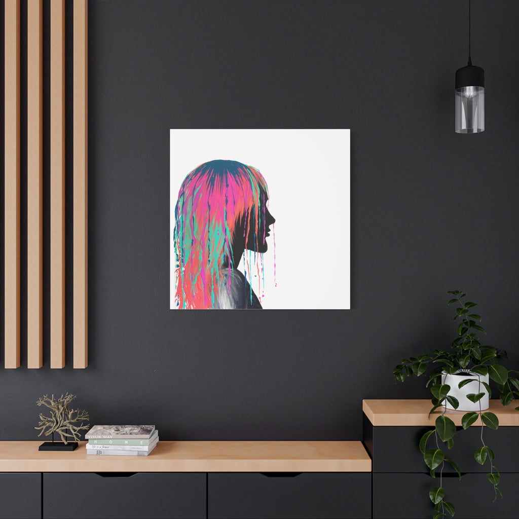 'Discovery' - Neon Drip Girl Acrylic Paint Print (Matte Canvas Wall Art) — Colorful Female Silhouette, Modern Pop Art Décor