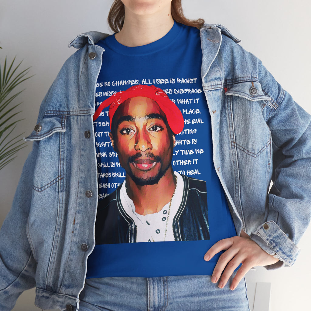 Pac Cartoon Graphic Tee with Changes Lyrics Text — Retro Streetwear T-Shirt