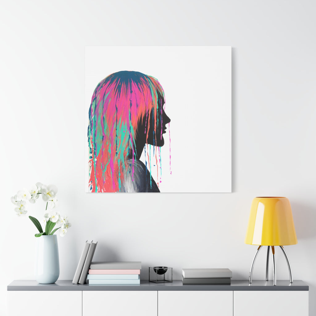 'Discovery' - Neon Drip Girl Acrylic Paint Print (Matte Canvas Wall Art) — Colorful Female Silhouette, Modern Pop Art Décor