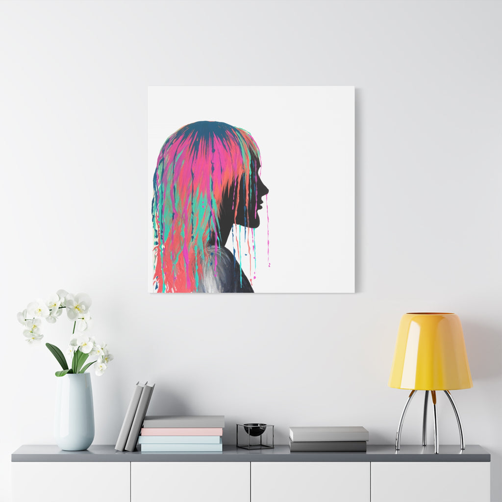 'Discovery' - Neon Drip Girl Acrylic Paint Print (Matte Canvas Wall Art) — Colorful Female Silhouette, Modern Pop Art Décor