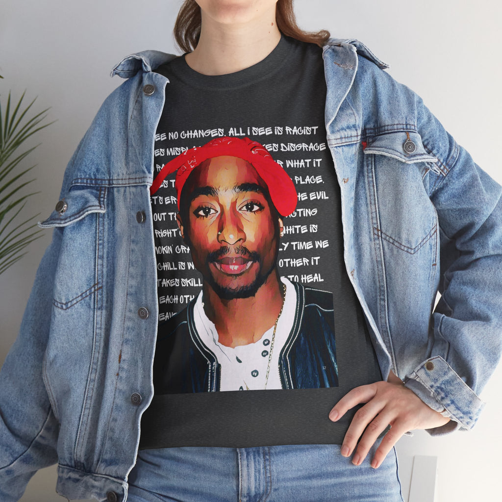 Pac Cartoon Graphic Tee with Changes Lyrics Text — Retro Streetwear T-Shirt