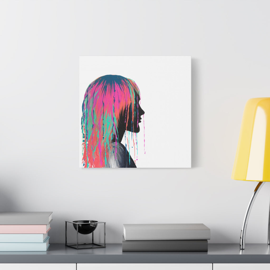 'Discovery' - Neon Drip Girl Acrylic Paint Print (Matte Canvas Wall Art) — Colorful Female Silhouette, Modern Pop Art Décor