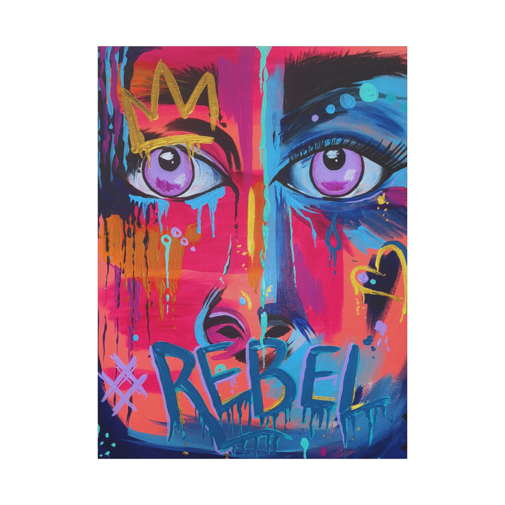 'Rebel'- Hand Painted (Print) Rebel Pop Art Face Matte Stretched Canvas
