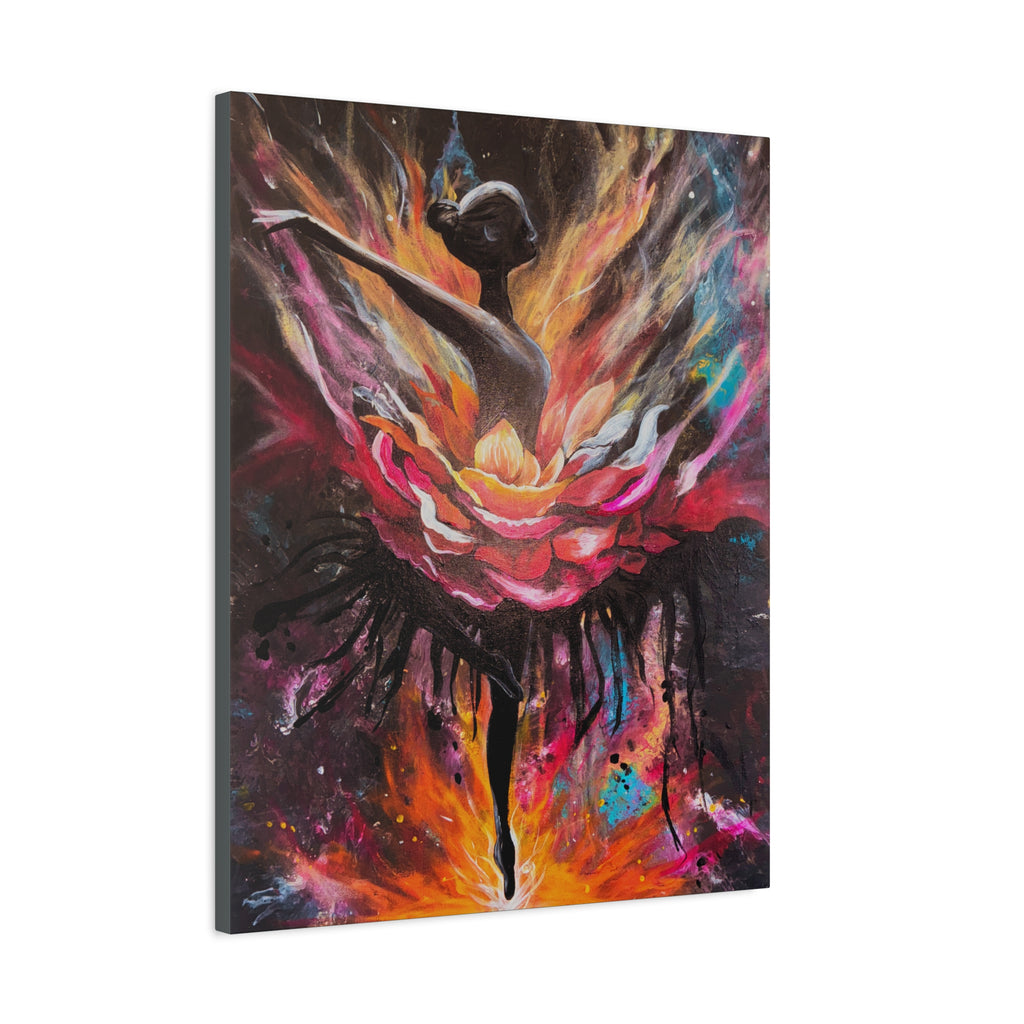 'The Reset'- Floral Ballerina emerging from the flames - Canvas Print — Vibrant Dancer Art on Matte Stretched Canvas