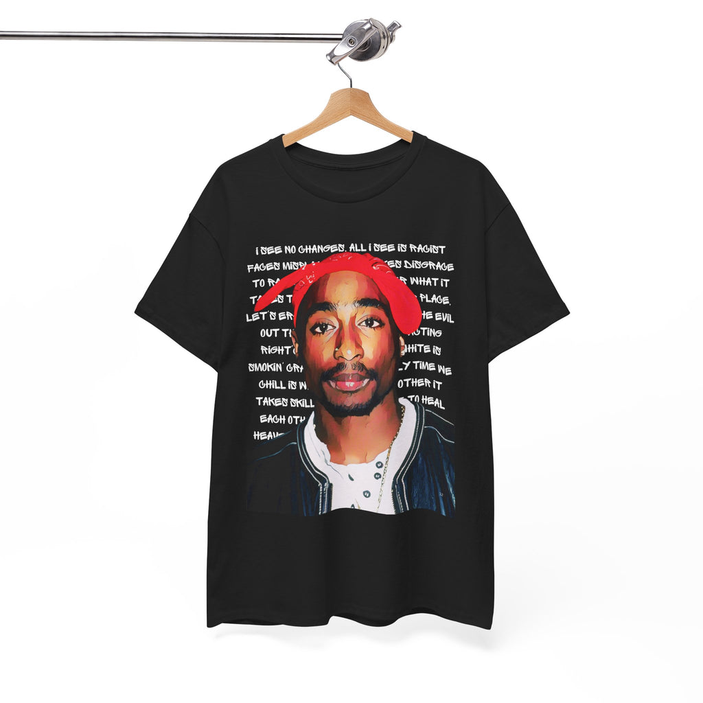 Pac Cartoon Graphic Tee with Changes Lyrics Text — Retro Streetwear T-Shirt