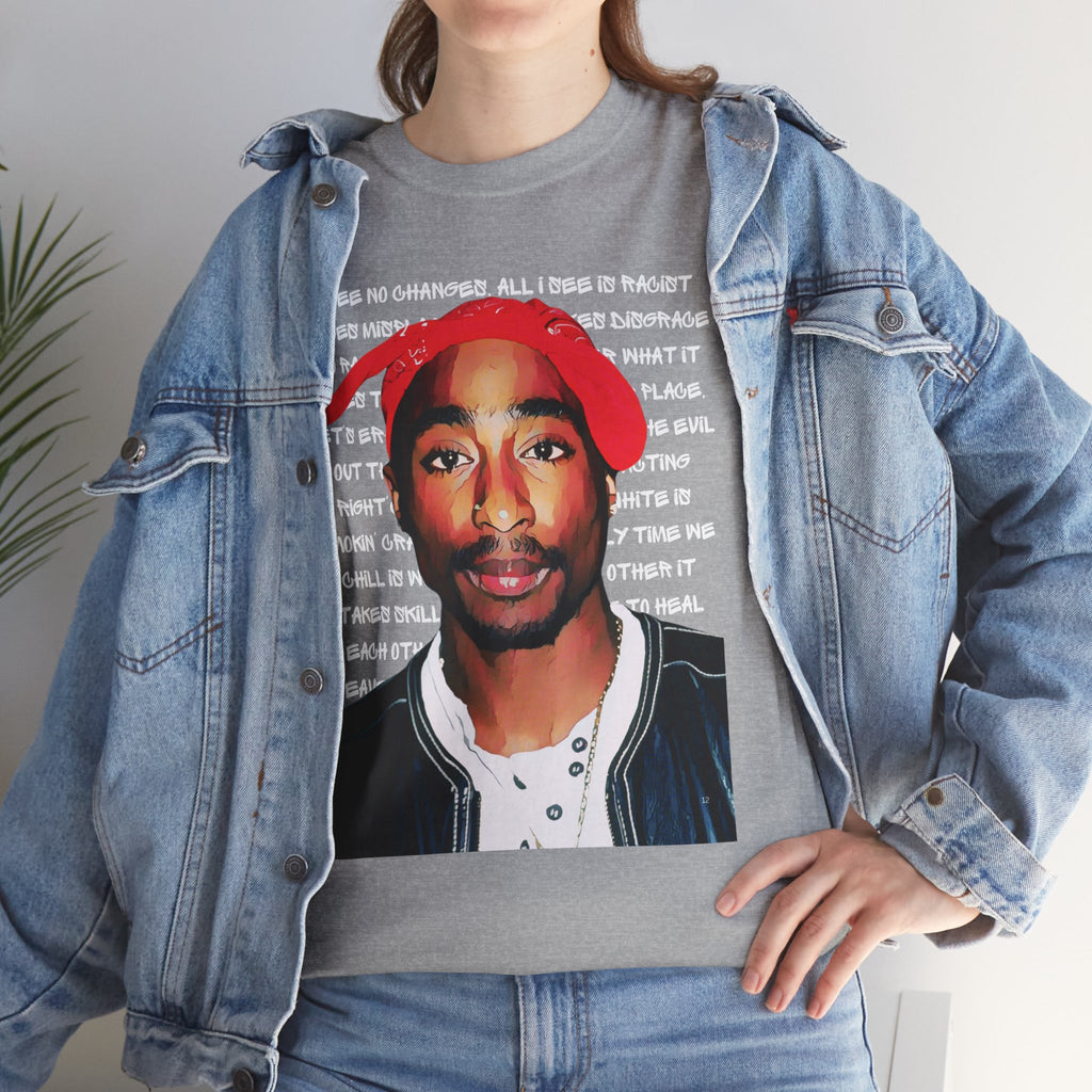 Pac Cartoon Graphic Tee with Changes Lyrics Text — Retro Streetwear T-Shirt