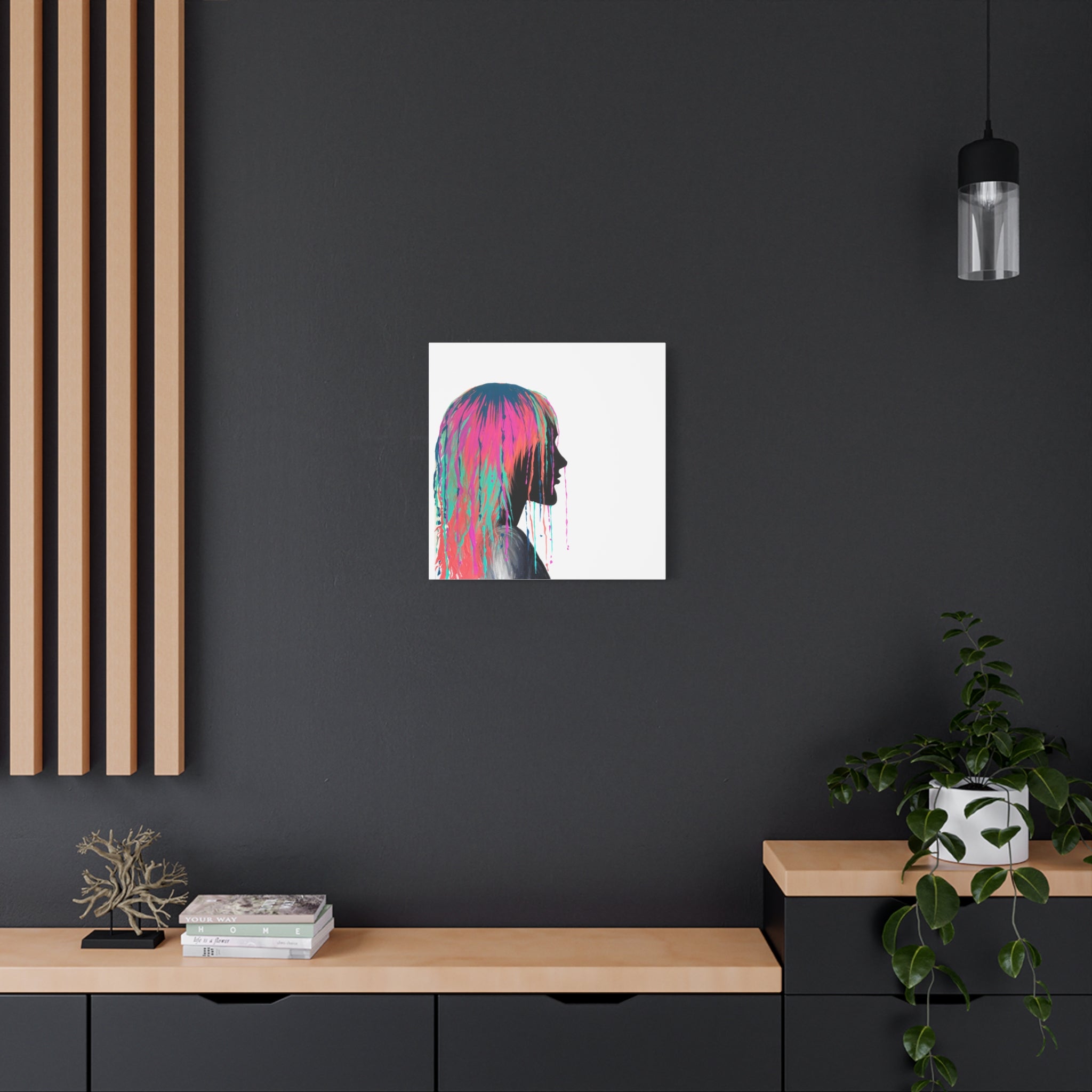 'Discovery' - Neon Drip Girl Acrylic Paint Print (Matte Canvas Wall Art) — Colorful Female Silhouette, Modern Pop Art Décor