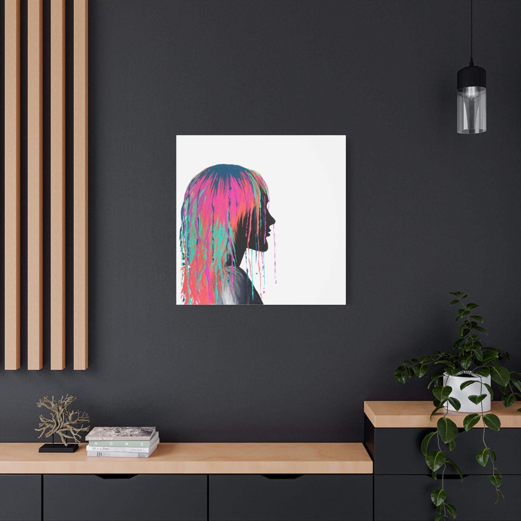 'Discovery' - Neon Drip Girl Acrylic Paint Print (Matte Canvas Wall Art) — Colorful Female Silhouette, Modern Pop Art Décor