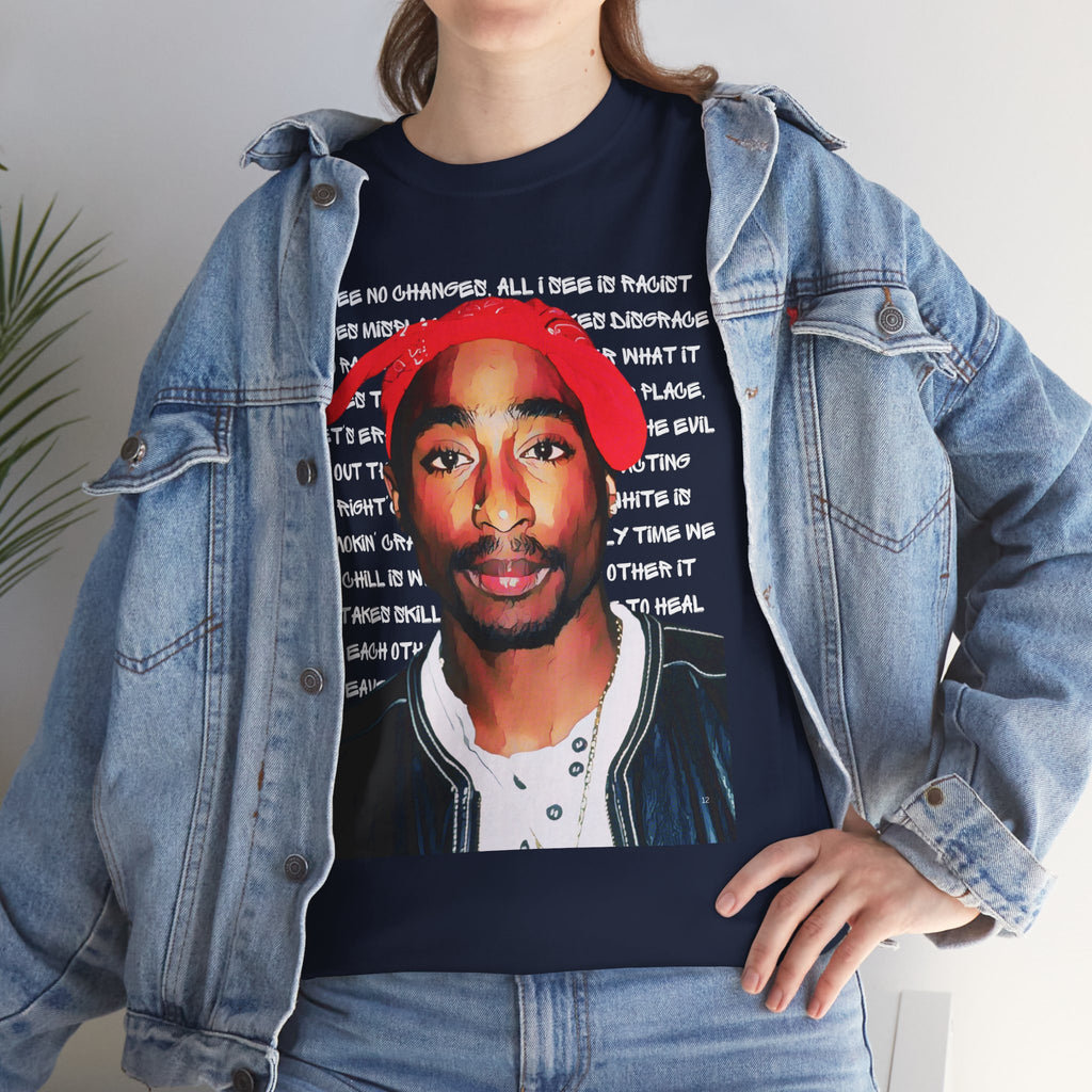 Pac Cartoon Graphic Tee with Changes Lyrics Text — Retro Streetwear T-Shirt