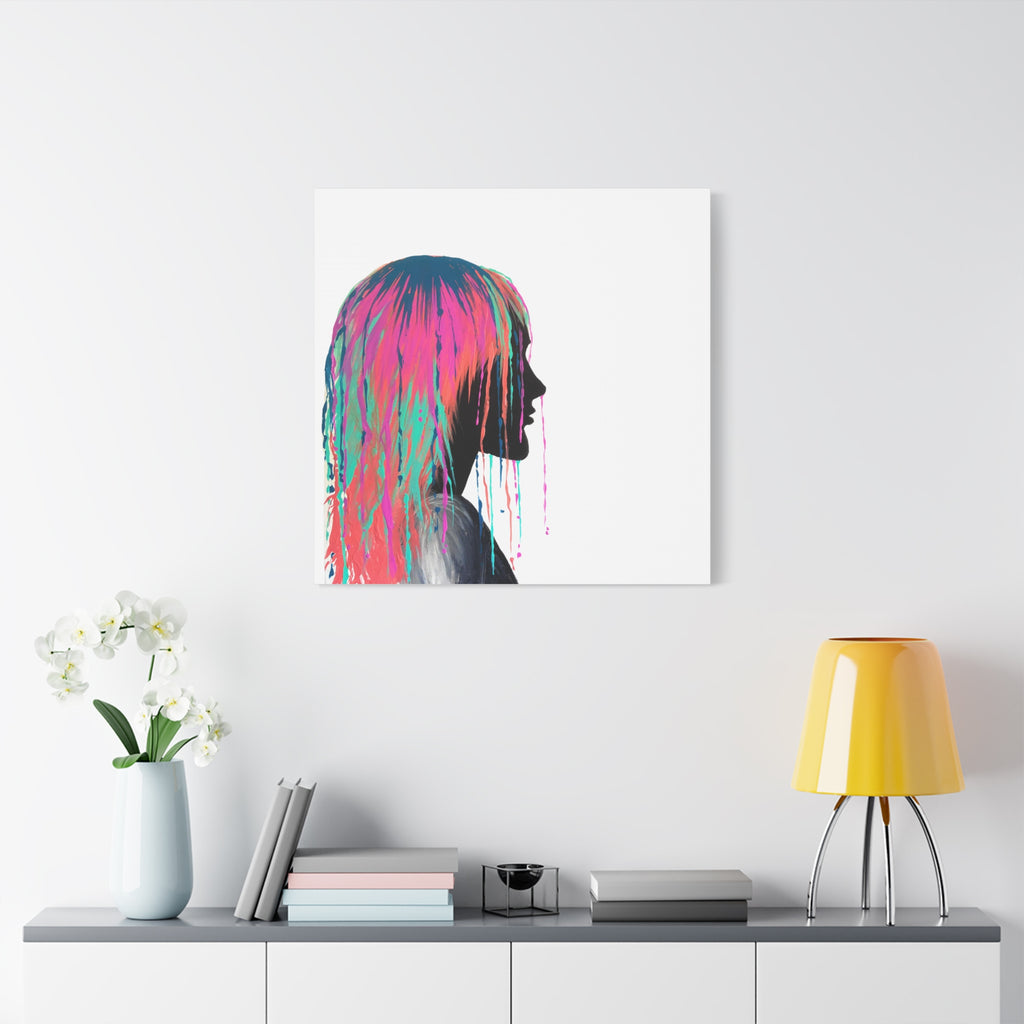 'Discovery' - Neon Drip Girl Acrylic Paint Print (Matte Canvas Wall Art) — Colorful Female Silhouette, Modern Pop Art Décor