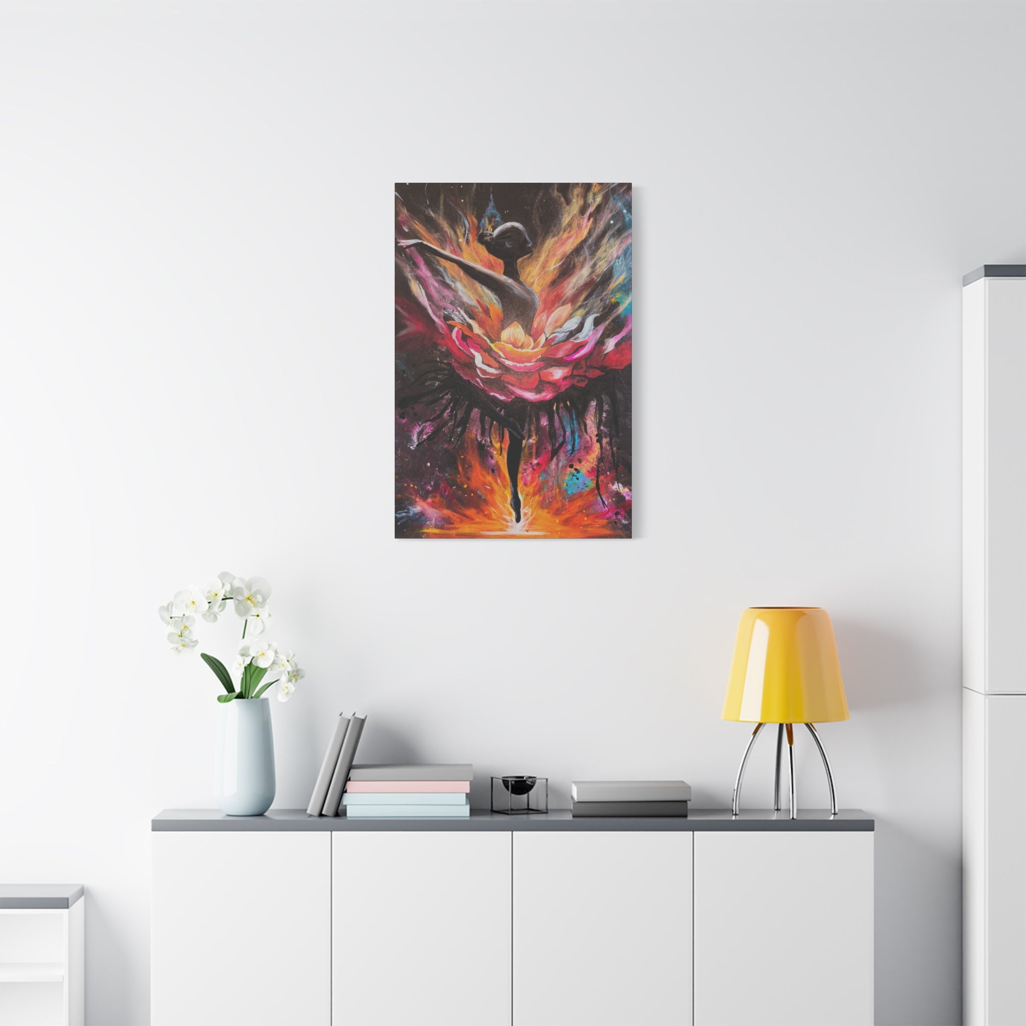 'The Reset'- Floral Ballerina emerging from the flames - Canvas Print — Vibrant Dancer Art on Matte Stretched Canvas