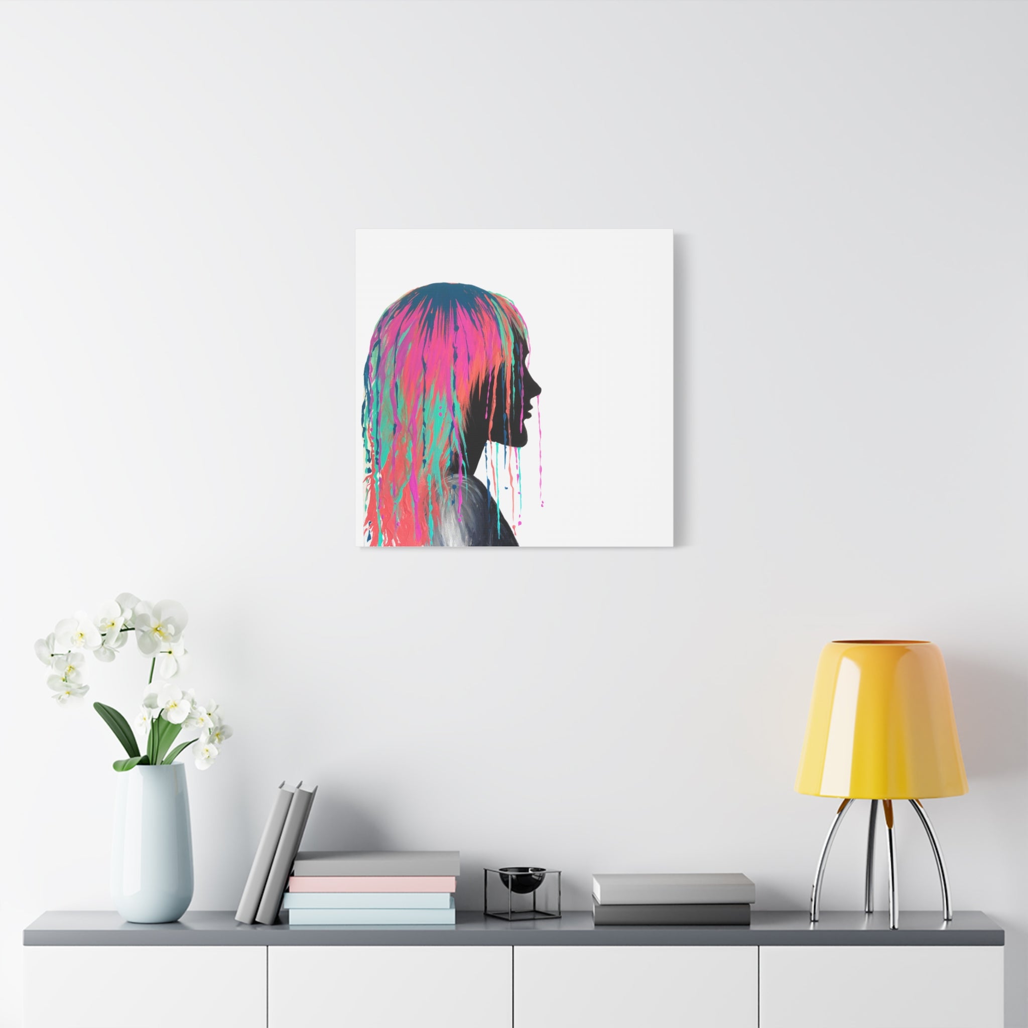 'Discovery' - Neon Drip Girl Acrylic Paint Print (Matte Canvas Wall Art) — Colorful Female Silhouette, Modern Pop Art Décor