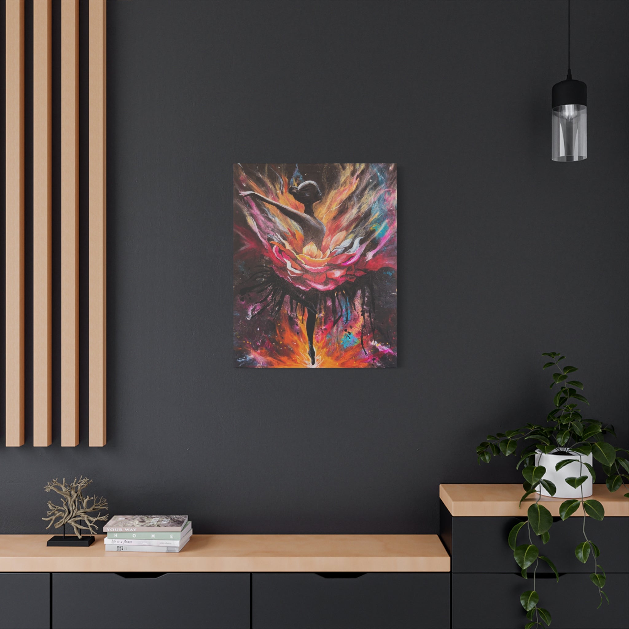 'The Reset'- Floral Ballerina emerging from the flames - Canvas Print — Vibrant Dancer Art on Matte Stretched Canvas