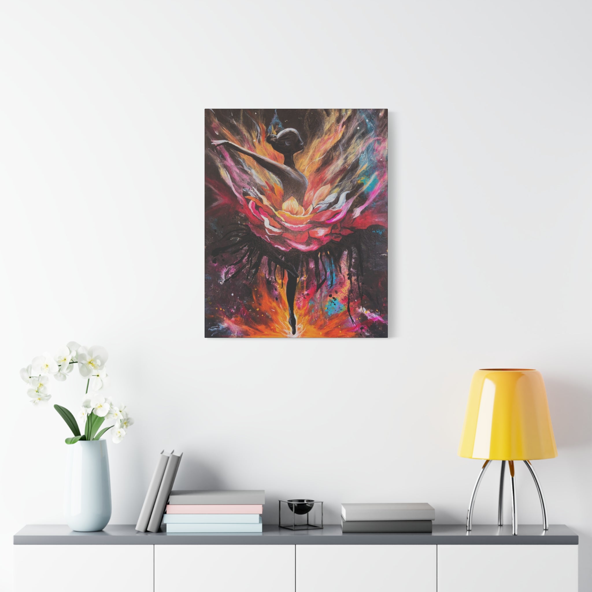 'The Reset'- Floral Ballerina emerging from the flames - Canvas Print — Vibrant Dancer Art on Matte Stretched Canvas